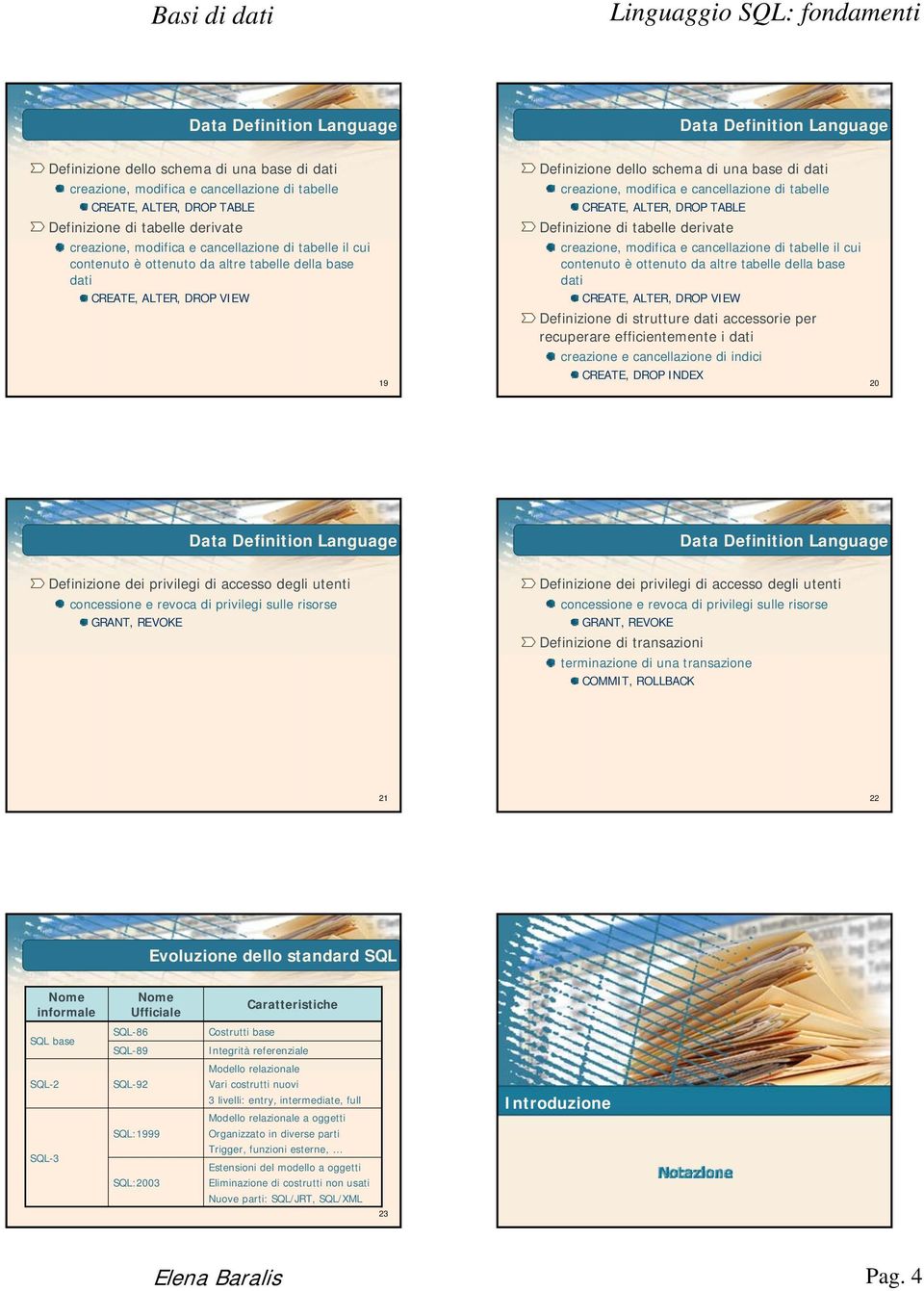 accessorie per recuperare efficientemente i dati creazione e cancellazione di indici CREATE, DROP INDEX 20 Definizione dei privilegi di accesso degli utenti concessione e revoca di privilegi sulle