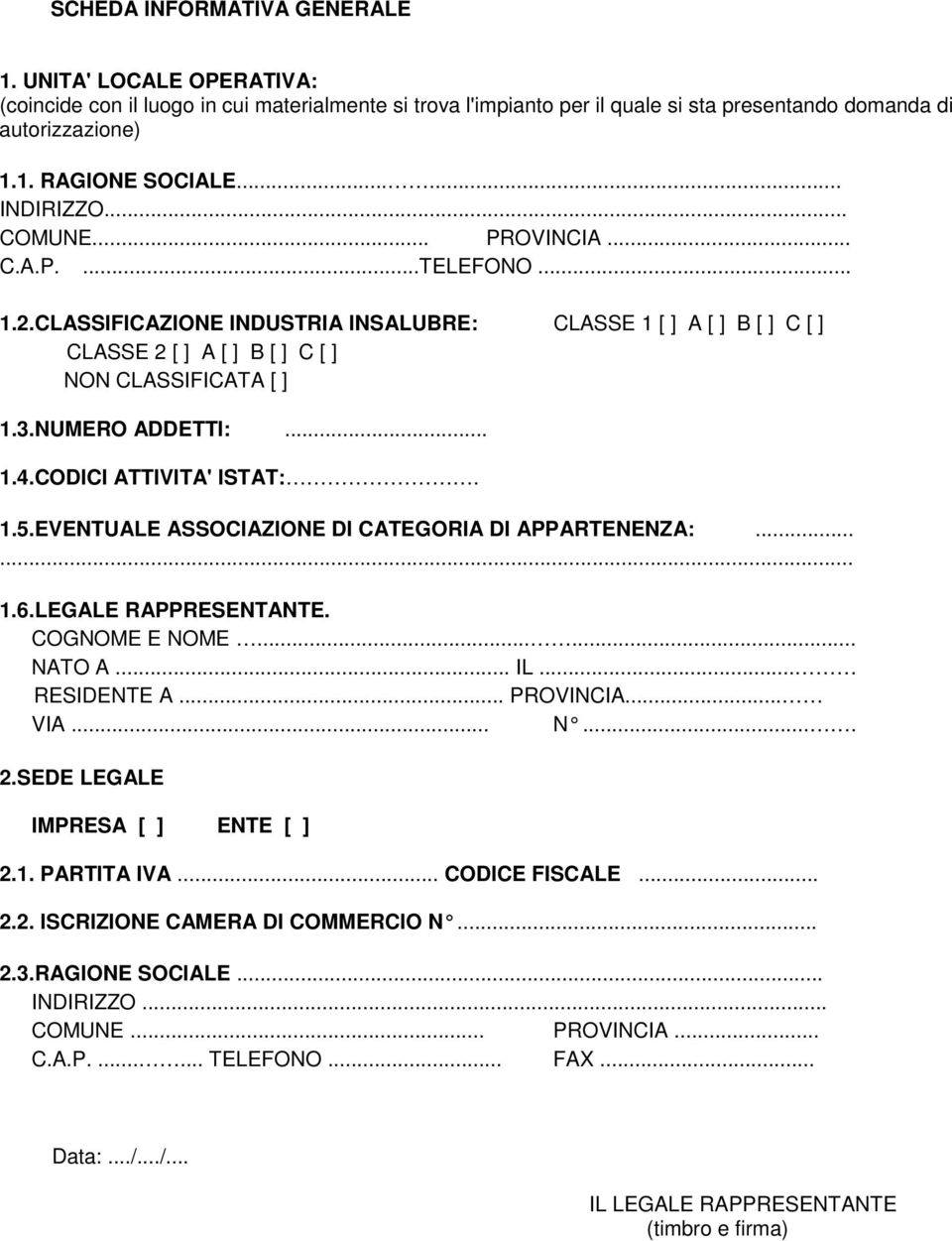 NUMERO ADDETTI:... 1.4.CODICI ATTIVITA' ISTAT:. 1.5.EVENTUALE ASSOCIAZIONE DI CATEGORIA DI APPARTENENZA:...... 1.6.LEGALE RAPPRESENTANTE. COGNOME E NOME...... NATO A... IL... RESIDENTE A... PROVINCIA.