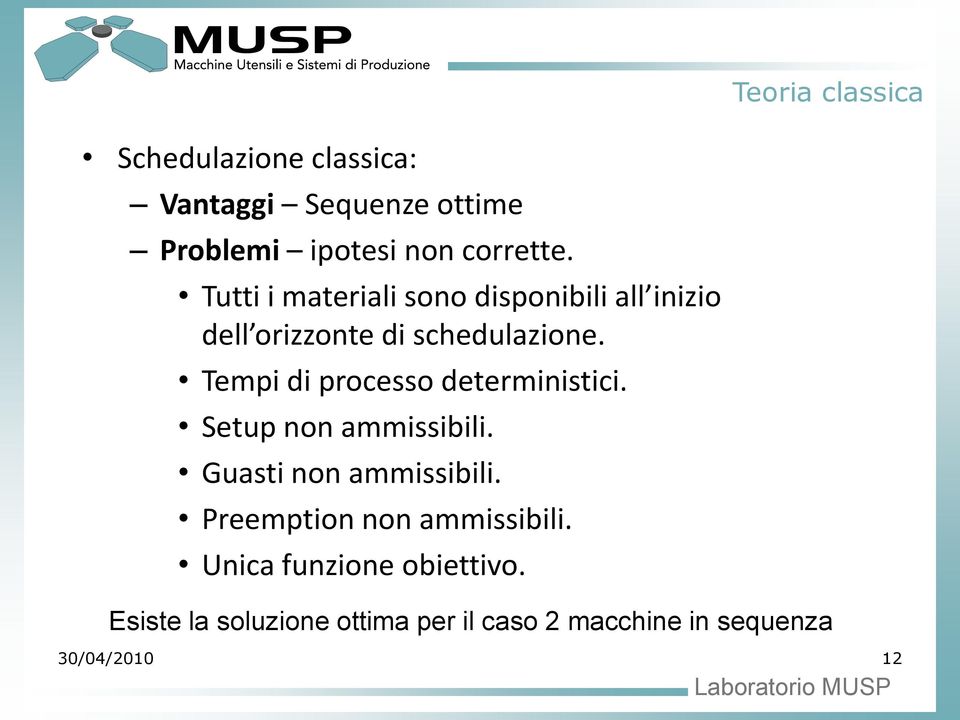 Tempi di processo deterministici. Setup non ammissibili. Guasti non ammissibili.