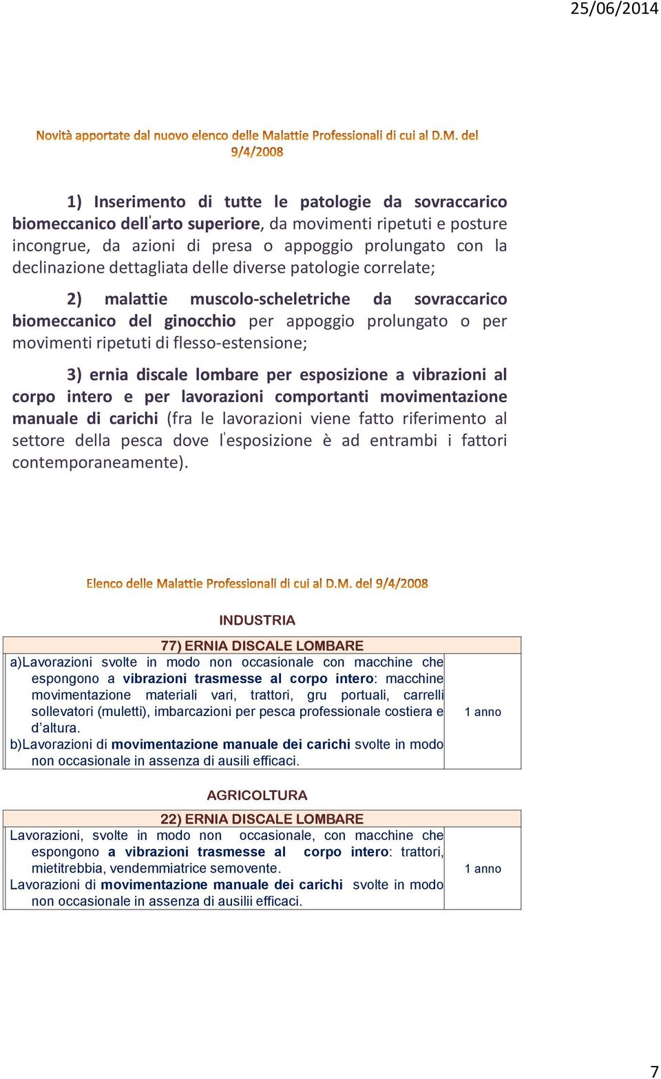 ernia discale lombare per esposizione a vibrazioni al corpo intero e per lavorazioni comportanti movimentazione manuale di carichi (fra le lavorazioni viene fatto riferimento al settore della pesca