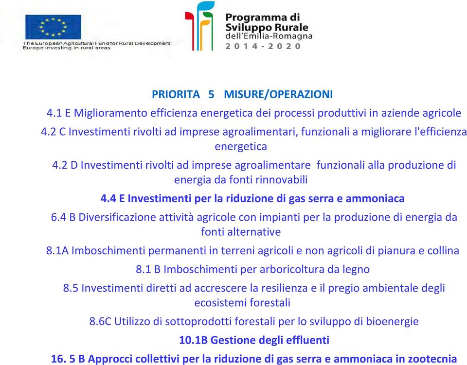 2 D Investimenti rivolti ad imprese agroalimentare funzionali alla produzione di energia da fonti rinnovabili 4.4 E Investimenti per la riduzione di gas serra e ammoniaca 6.