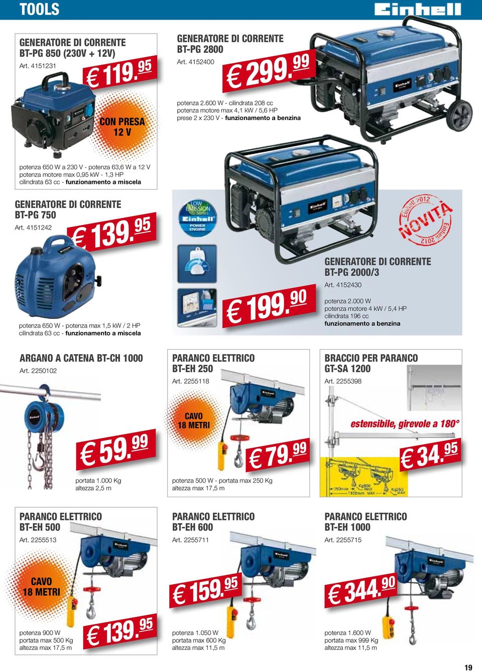 cc - funzionamento a miscela Generatore di corrente BT-PG 750 Art. 4151242 139. 95 potenza 650 W - potenza max 1,5 kw / 2 HP cilindrata 63 cc - funzionamento a miscela 199.