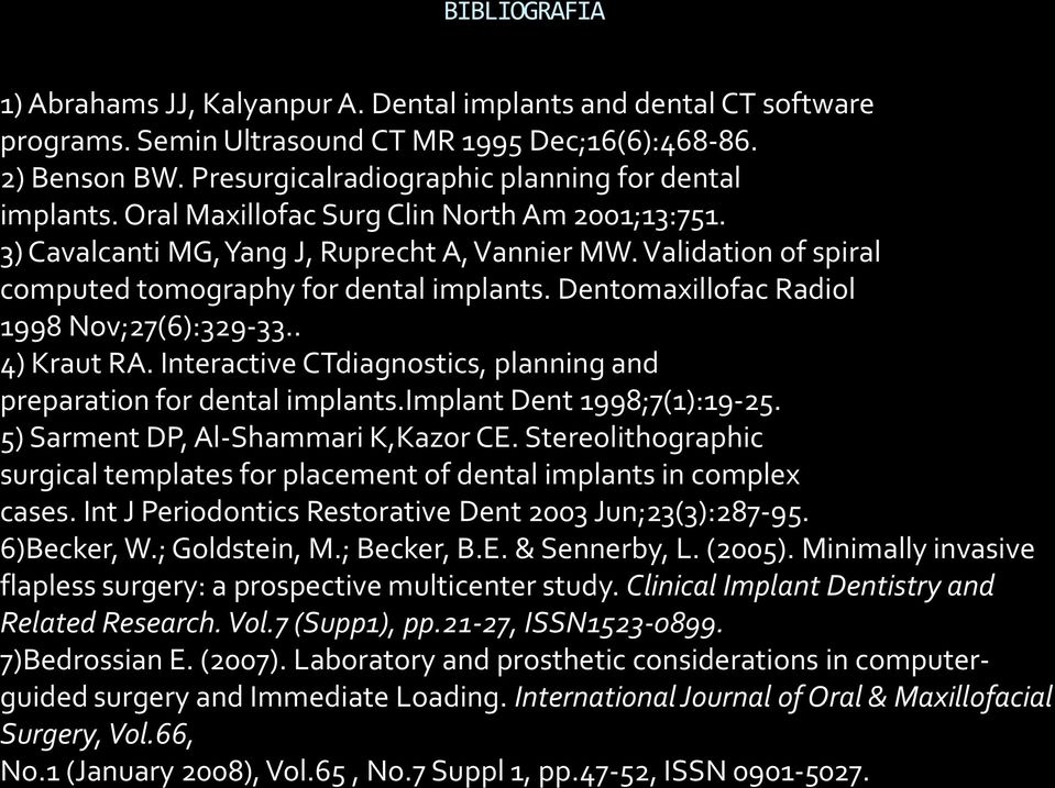 Validation of spiral computed tomography for dental implants. Dentomaxillofac Radiol 1998 Nov;27(6):329 33.. 4) Kraut RA. Interactive CTdiagnostics, planning and preparation for dental implants.