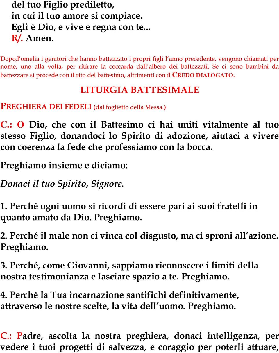 Se ci sono bambini da battezzare si procede con il rito del battesimo, altrimenti con il CREDO DIALOGATO. LITURGIA BATTESIMALE PREGHIERA DEI FEDELI (dal foglietto della Messa.) C.