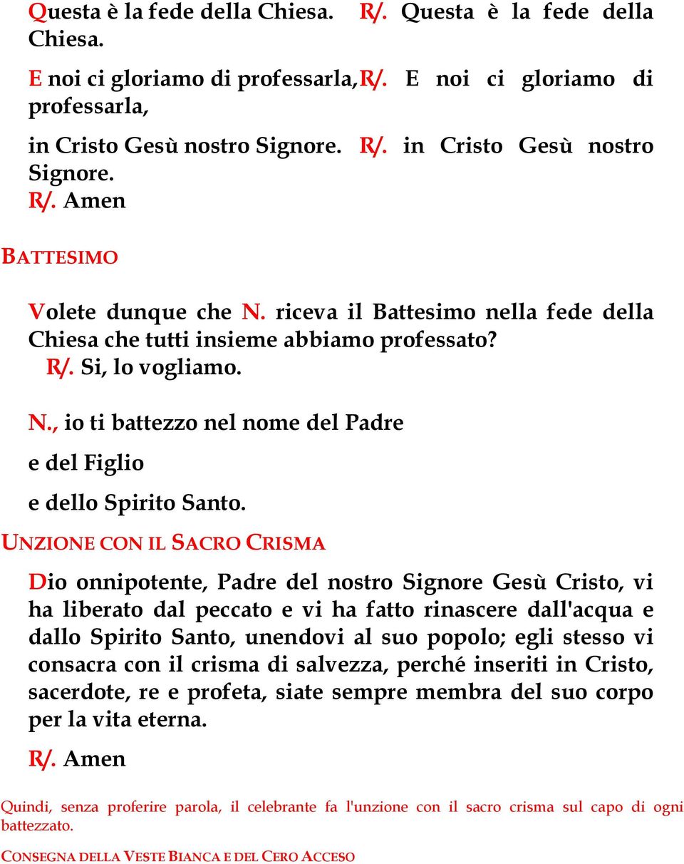 UNZIONE CON IL SACRO CRISMA Dio onnipotente, Padre del nostro Signore Gesù Cristo, vi ha liberato dal peccato e vi ha fatto rinascere dall'acqua e dallo Spirito Santo, unendovi al suo popolo; egli