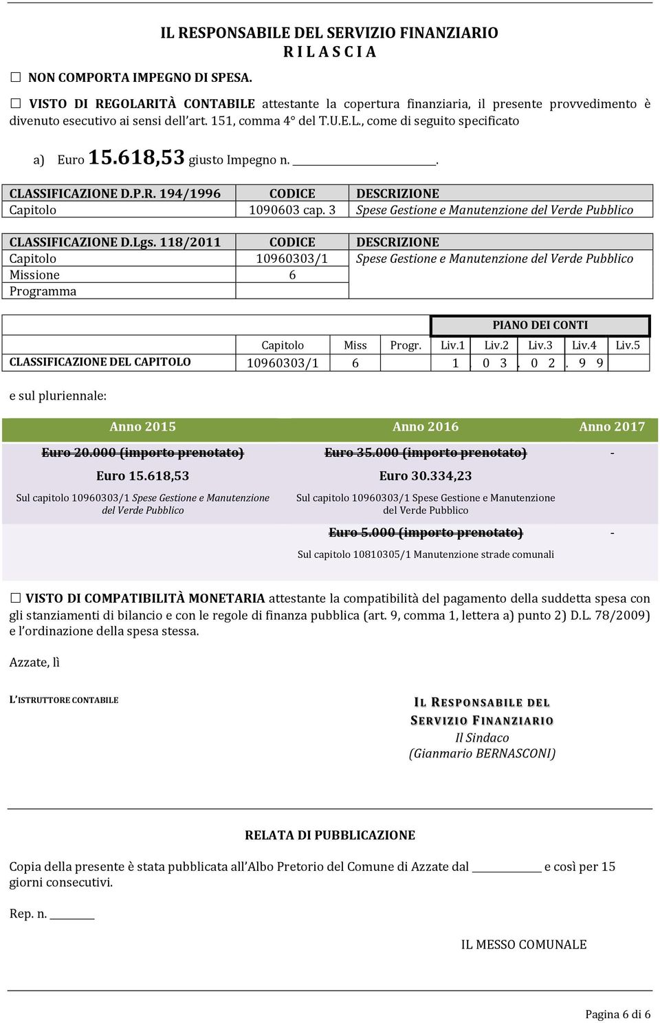 618,53 giusto Impegno n.. CLASSIFICAZIONE D.P.R. 194/1996 CODICE DESCRIZIONE Capitolo 1090603 cap. 3 Spese Gestione e Manutenzione del Verde Pubblico CLASSIFICAZIONE D.Lgs.