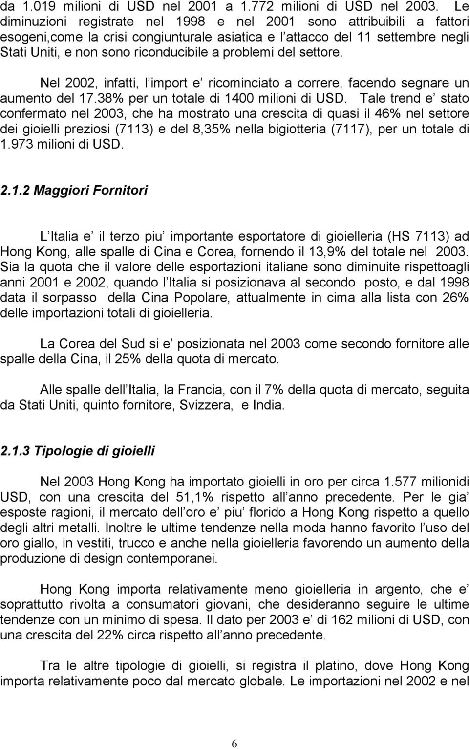 problemi del settore. Nel 2002, infatti, l import e ricominciato a correre, facendo segnare un aumento del 17.38% per un totale di 1400 milioni di USD.