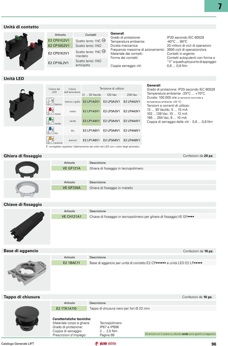 forma a V a quadruplo punto di appoggio Unità LED Colore del LED bianco rosso verde Colore dell azionatore Tensione di utilizzo 120 Vac 230 Vac bianco / giallo E2 LP1A2V1 E2 LP3A2V1 E2 LP4A2V1 rosso