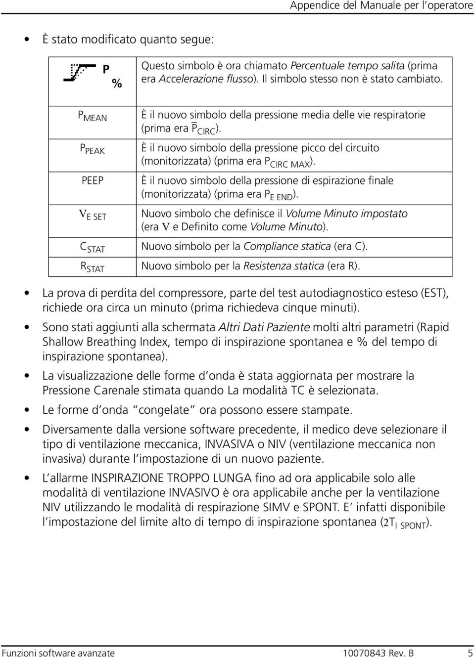 È il nuovo simbolo della pressione picco del circuito (monitorizzata) (prima era P CIRC MAX ). È il nuovo simbolo della pressione di espirazione finale (monitorizzata) (prima era P EEND ).