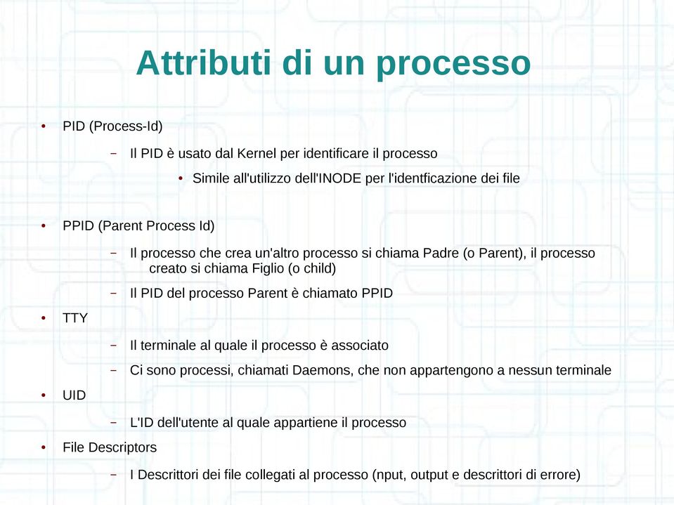 processo Parent è chiamato PPID TTY Il terminale al quale il processo è associato Ci sono processi, chiamati Daemons, che non appartengono a nessun