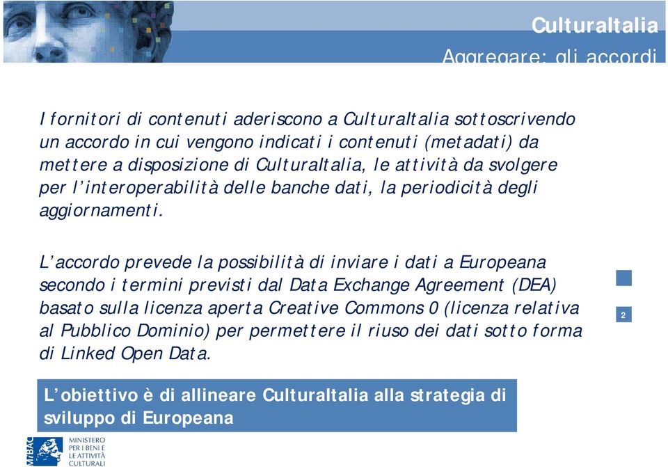 L accordo prevede la possibilità di inviare i dati a Europeana secondo i termini previsti dal Data Exchange Agreement (DEA) basato sulla licenza aperta Creative