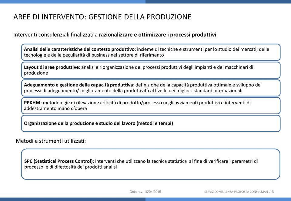 aree produttive: analisi e riorganizzazione dei processi produttivi degli impianti e dei macchinari di produzione Adeguamento e gestione della capacità produttiva: definizione della capacità