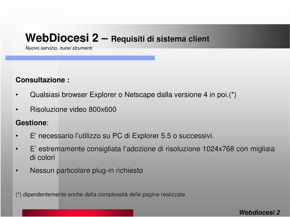 (*) Risoluzione video 800x600 Gestione: E necessario l utilizzo su PC di Explorer 5.5 o successivi.