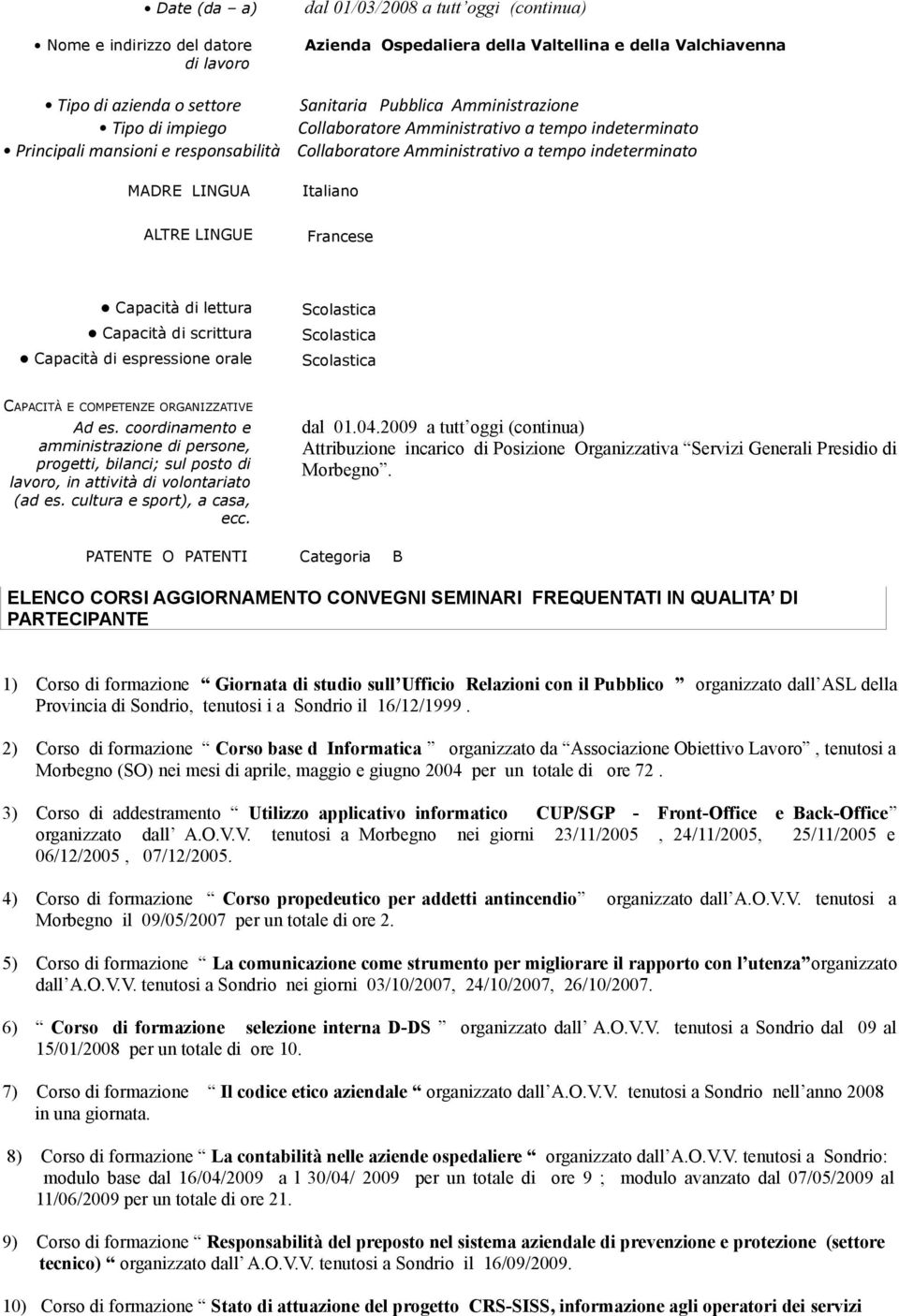 COMPETENZE ORGANIZZATIVE Ad es. coordinamento e amministrazione di persone, progetti, bilanci; sul posto di, in attività di volontariato (ad es. cultura e sport), a casa, ecc. dal 01.04.