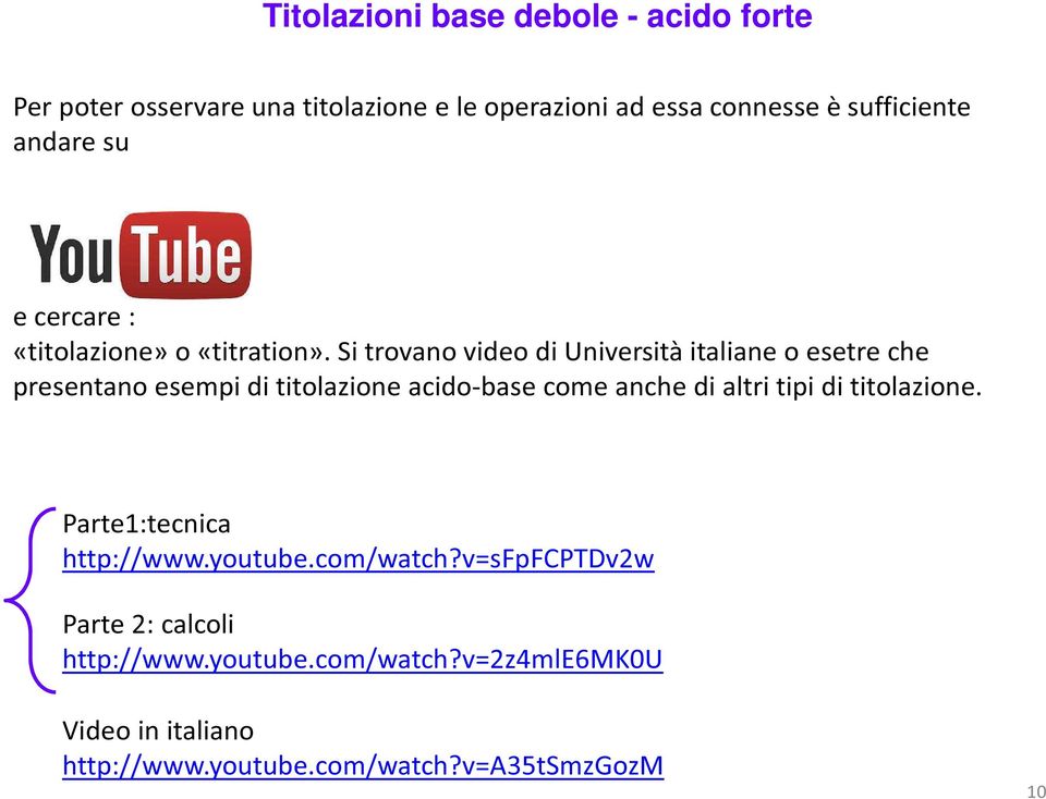 Si trovano video di Università italiane o esetre che presentano esempi di titolazione acido-base come anche di altri tipi