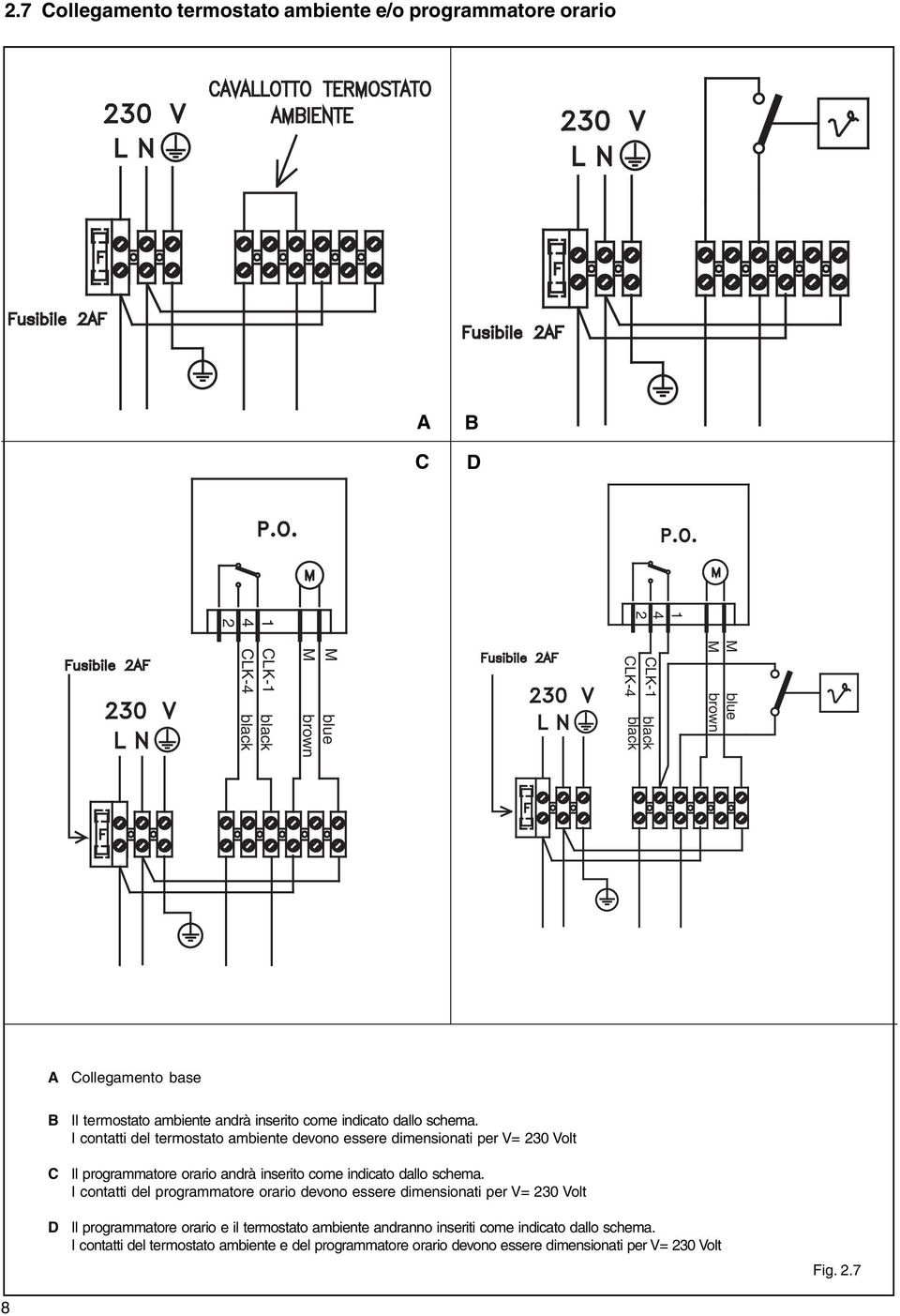 I contatti del termostato ambiente devono essere dimensionati per V= 230 Volt Il programmatore orario andrà inserito come indicato dallo schema.