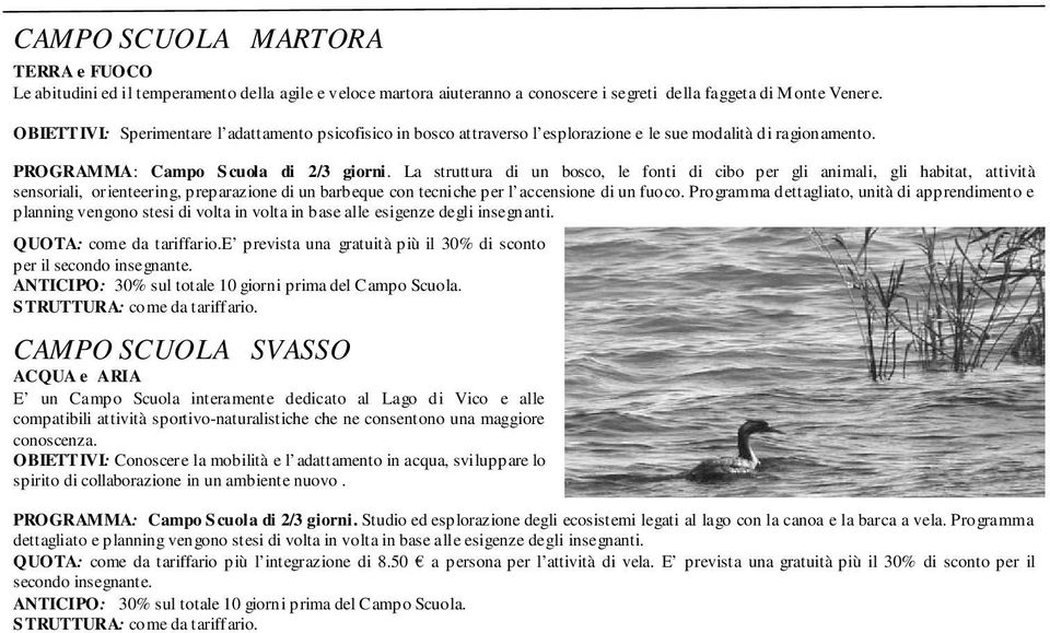 La struttura di un bosco, le fonti di cibo per gli animali, gli habitat, attività sensoriali, orienteering, preparazione di un barbeque con tecniche per l accensione di un fuoco.