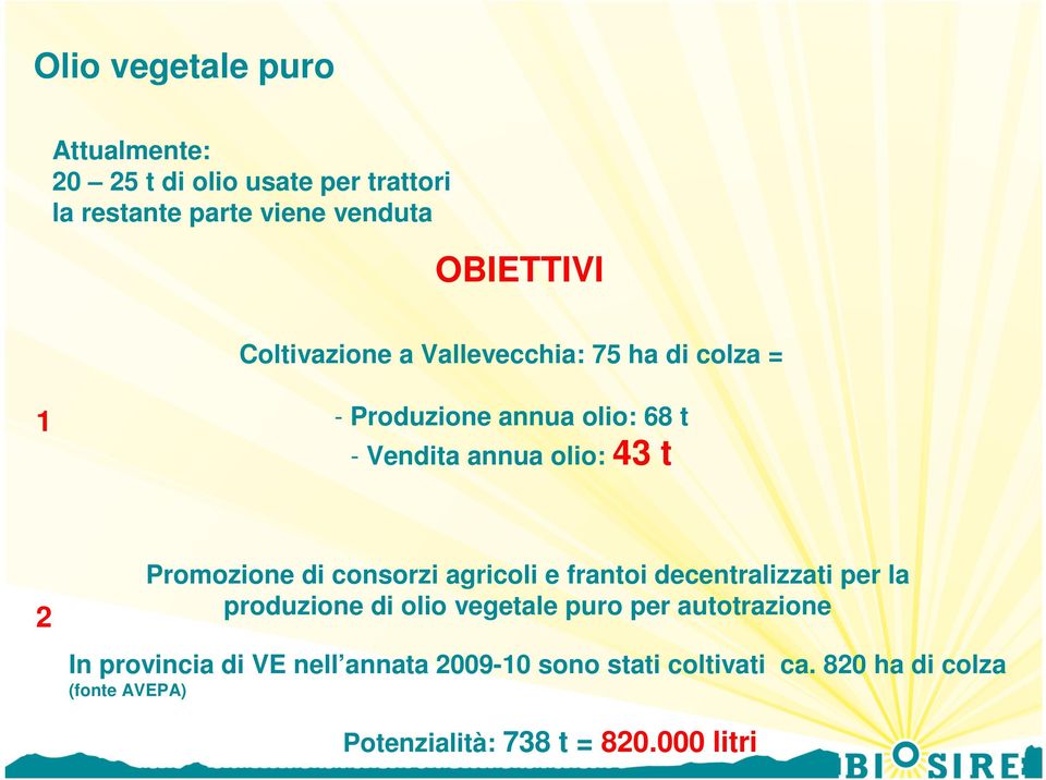 Promozione di consorzi agricoli e frantoi decentralizzati per la produzione di olio vegetale puro per autotrazione