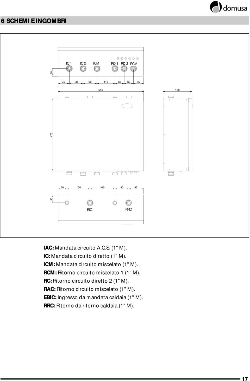 ICM: Mandata circuito miscelato (1" M). RCM: Ritorno circuito miscelato 1 (1" M).