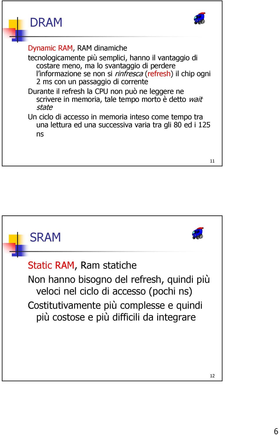 detto wait state Un ciclo di accesso in memoria inteso come tempo tra una lettura ed una successiva varia tra gli 80 ed i 125 ns 11 SRAM Static RAM, Ram