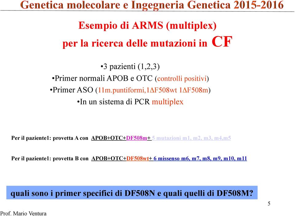 puntiformi,1ΔF508wt 1ΔF508m) In un sistema di PCR multiplex Per il paziente1: provetta A con APOB+OTC+DF508m+