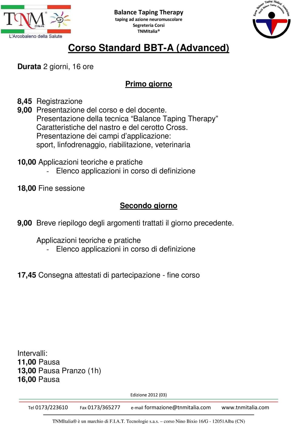 Presentazione dei campi d applicazione: sport, linfodrenaggio, riabilitazione, veterinaria 10,00 Applicazioni teoriche e pratiche - Elenco applicazioni in corso di definizione 18,00