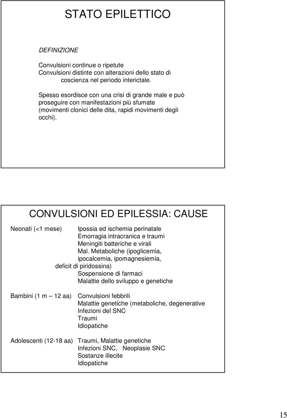 CONVULSIONI ED EPILESSIA: CAUSE Neonati (<1 mese) Ipossia ed ischemia perinatale Emorragia intracranica e traumi Meningiti batteriche e virali Mal.