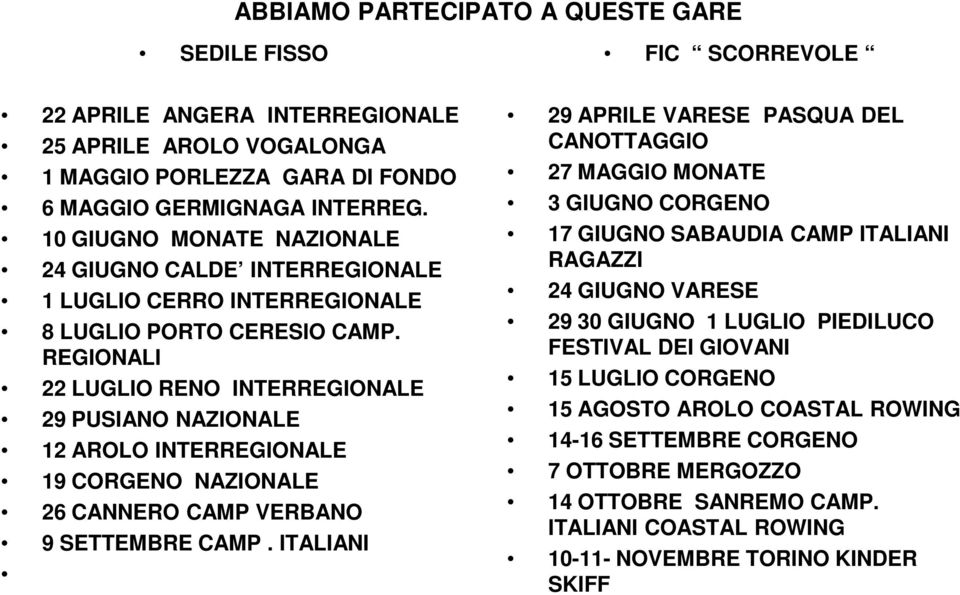 REGIONALI 22 LUGLIO RENO INTERREGIONALE 29 PUSIANO NAZIONALE 12 AROLO INTERREGIONALE 19 CORGENO NAZIONALE 26 CANNERO CAMP VERBANO 9 SETTEMBRE CAMP.