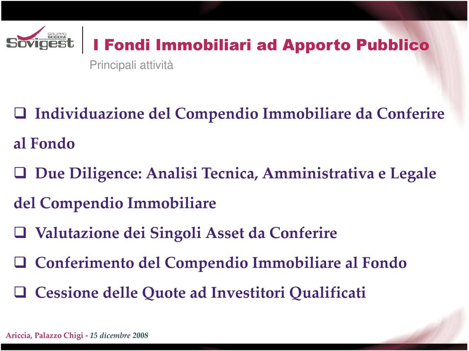 Amministrativa e Legale del Compendio Immobiliare Valutazione dei Singoli Asset da