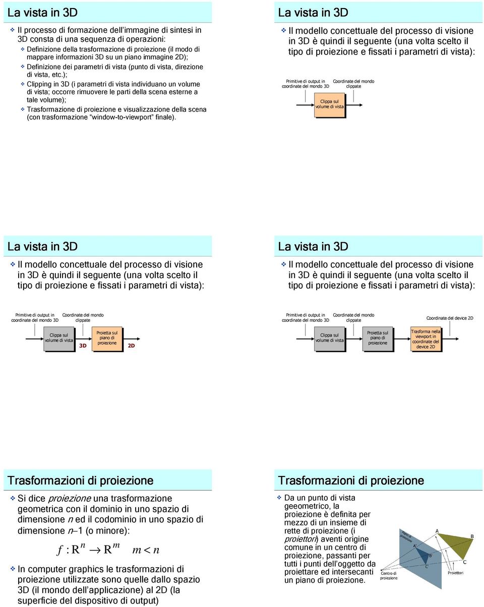 ); Clipping in 3D (i parametri di vista individuano un volume di vista; occorre rimuovere le parti della scena esterne a tale volume); Trasformazione di proiezione e visualizzazione della scena (con