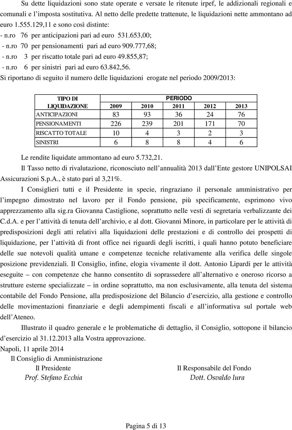 ro 70 per pensionamenti pari ad euro 909.777,68; - n.ro 3 per riscatto totale pari ad euro 49.855,87; - n.ro 6 per sinistri pari ad euro 63.842,56.