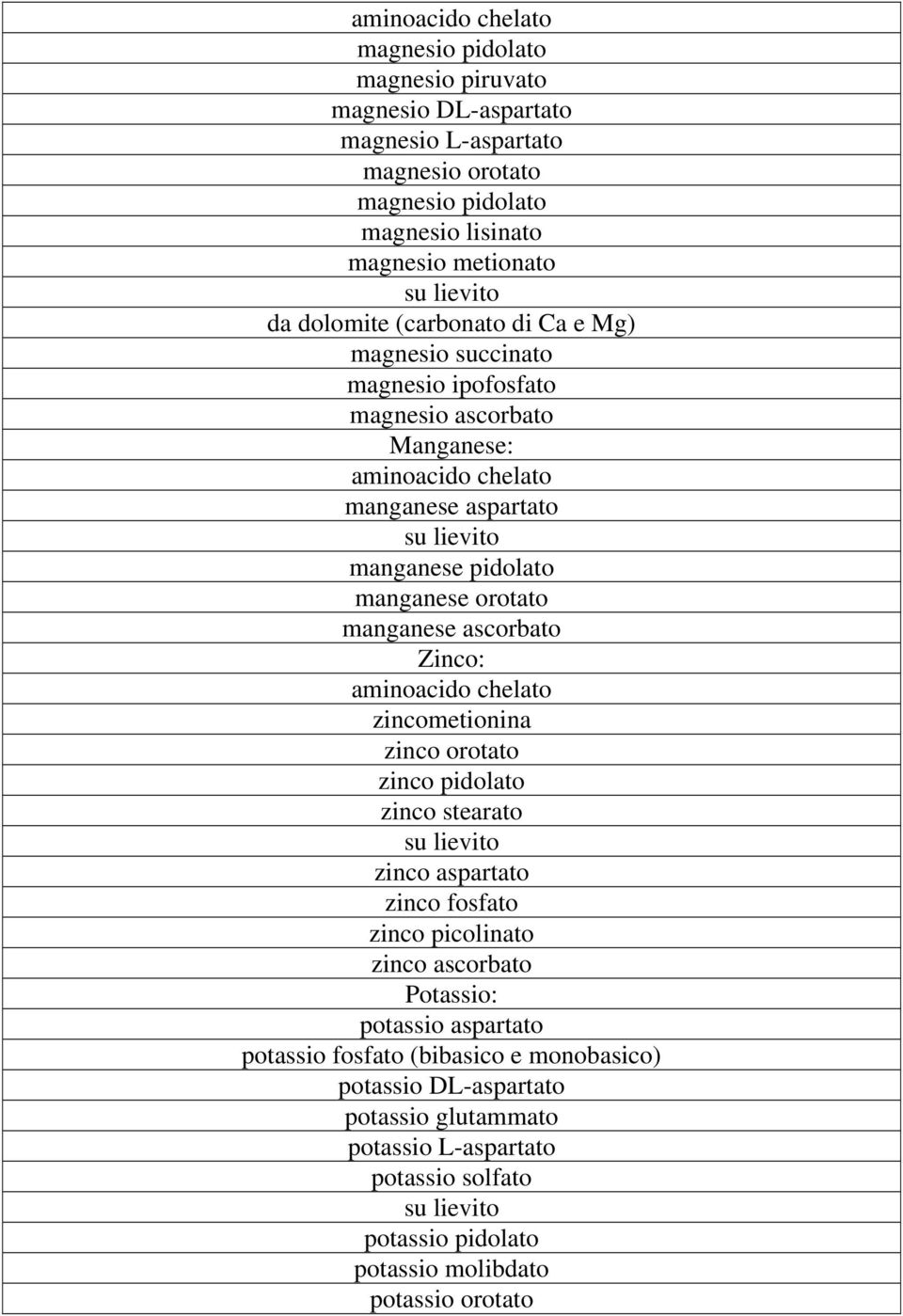 ascorbato Zinco: zincometionina zinco orotato zinco pidolato zinco stearato zinco aspartato zinco fosfato zinco picolinato zinco ascorbato Potassio: potassio