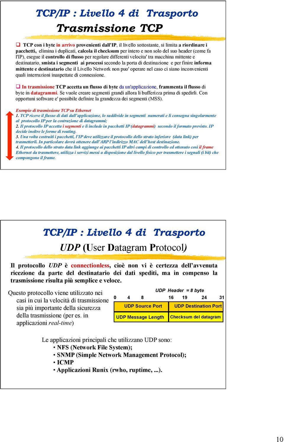 porta di destinazione e per finire informa mittente e destinatario che il Livello Network non puo' operare nel caso ci siano inconvenienti quali interruzioni inaspettate di connessione.