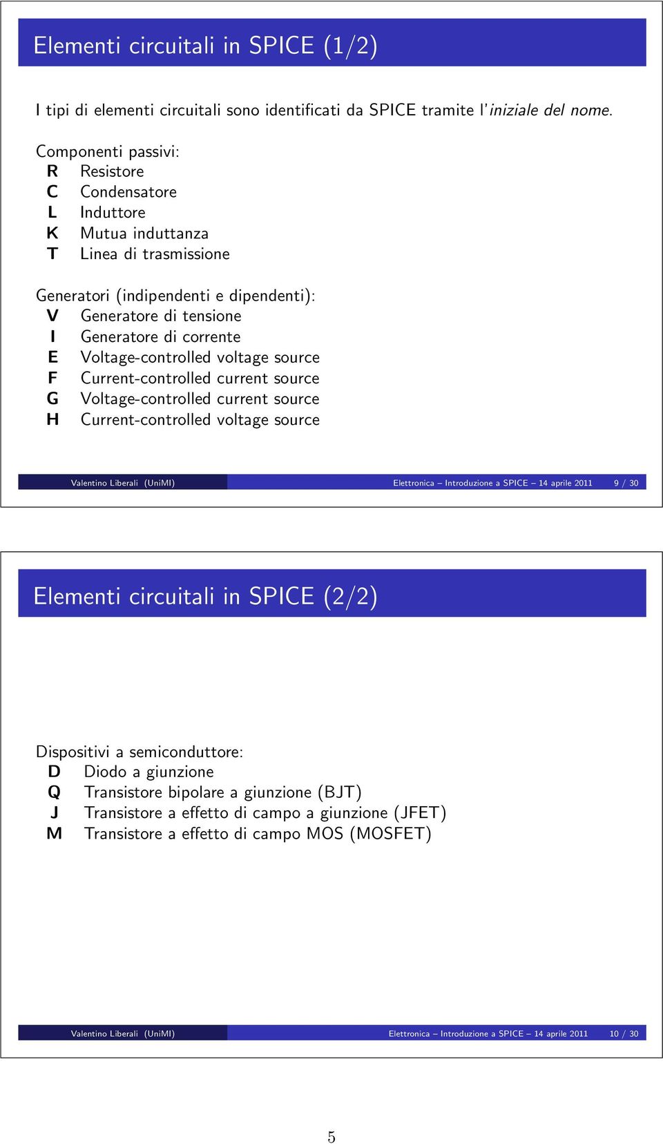 Voltage-controlled voltage source F Current-controlled current source G Voltage-controlled current source H Current-controlled voltage source Valentino Liberali (UniMI) Elettronica Introduzione a