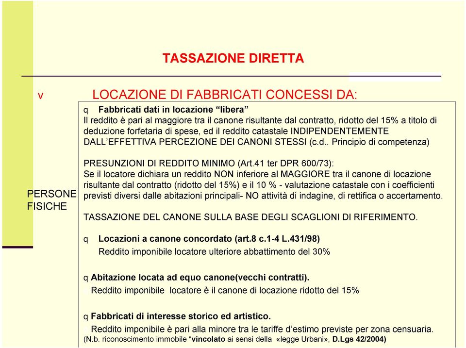 41 ter DPR 600/73): Se il locatore dichiara un reddito NON inferiore al MAGGIORE tra il canone di locazione risultante dal contratto (ridotto del 15%) e il 10 % - valutazione catastale con i