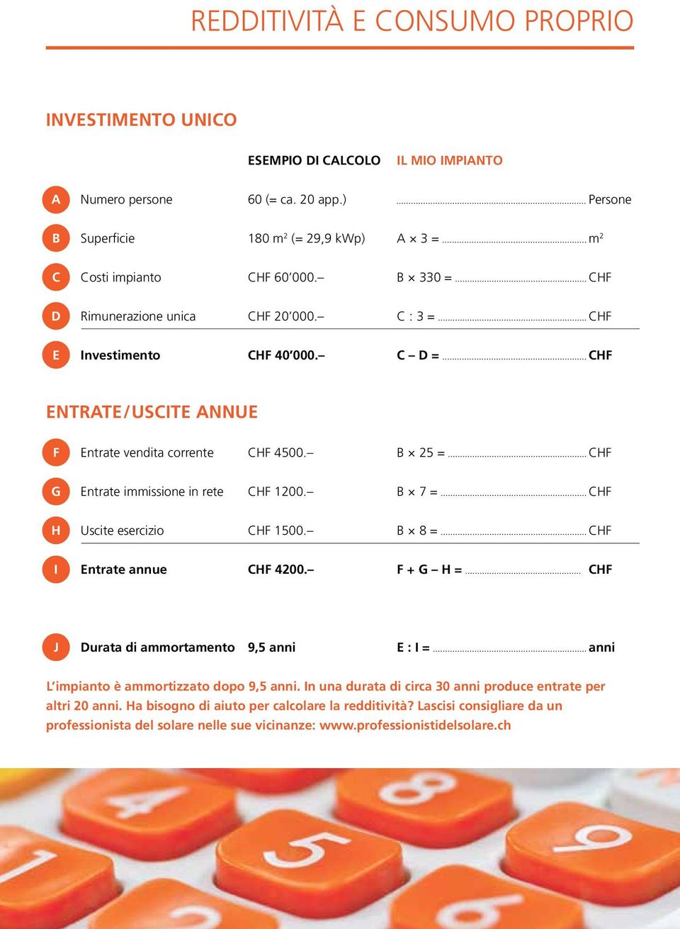 B 25 = CHF G Entrate immissione in rete CHF 1200. B 7 = CHF H Uscite esercizio CHF 1500. B 8 = CHF I Entrate annue CHF 4200.