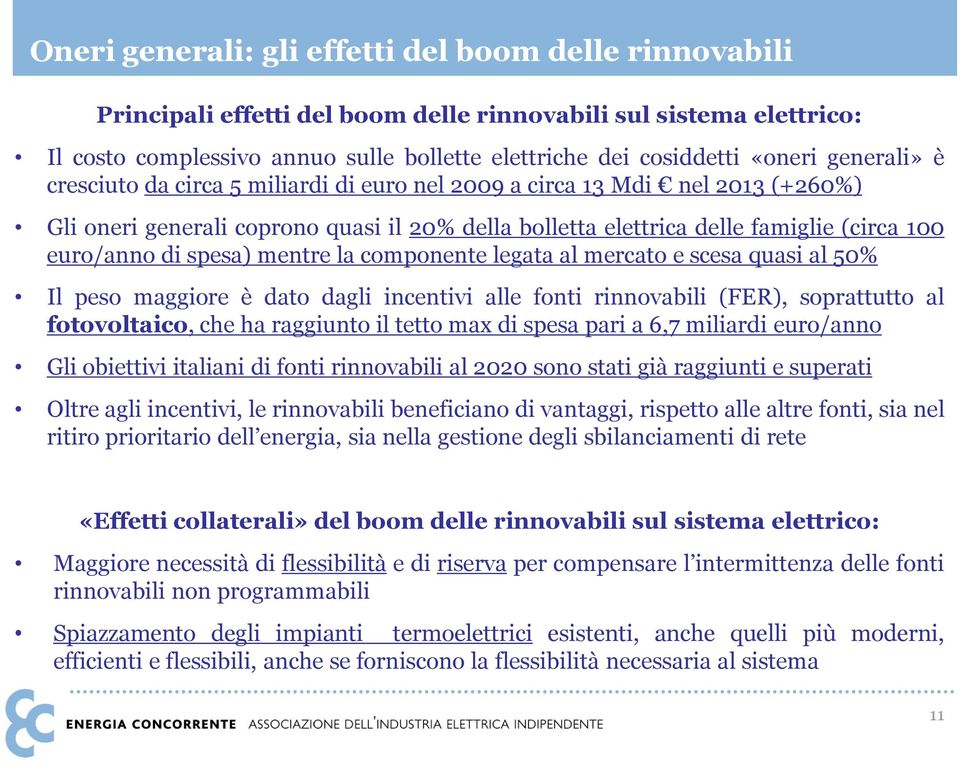 spesa) mentre la componente legata al mercato e scesa quasi al 50% Il peso maggiore è dato dagli incentivi alle fonti rinnovabili (FER), soprattutto al fotovoltaico, che ha raggiunto il tetto max di