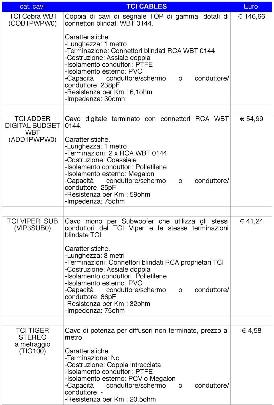 -Terminazioni: 2 x RCA WBT 0144 -Costruzione: Coassiale -Isolamento esterno: Megalon conduttore: 25pF -Resistenza per Km.