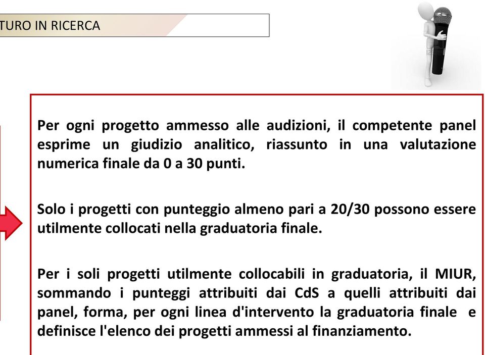 Solo i progetti con punteggio almeno pari a 20/30 possono essere utilmente collocati nella graduatoria finale.