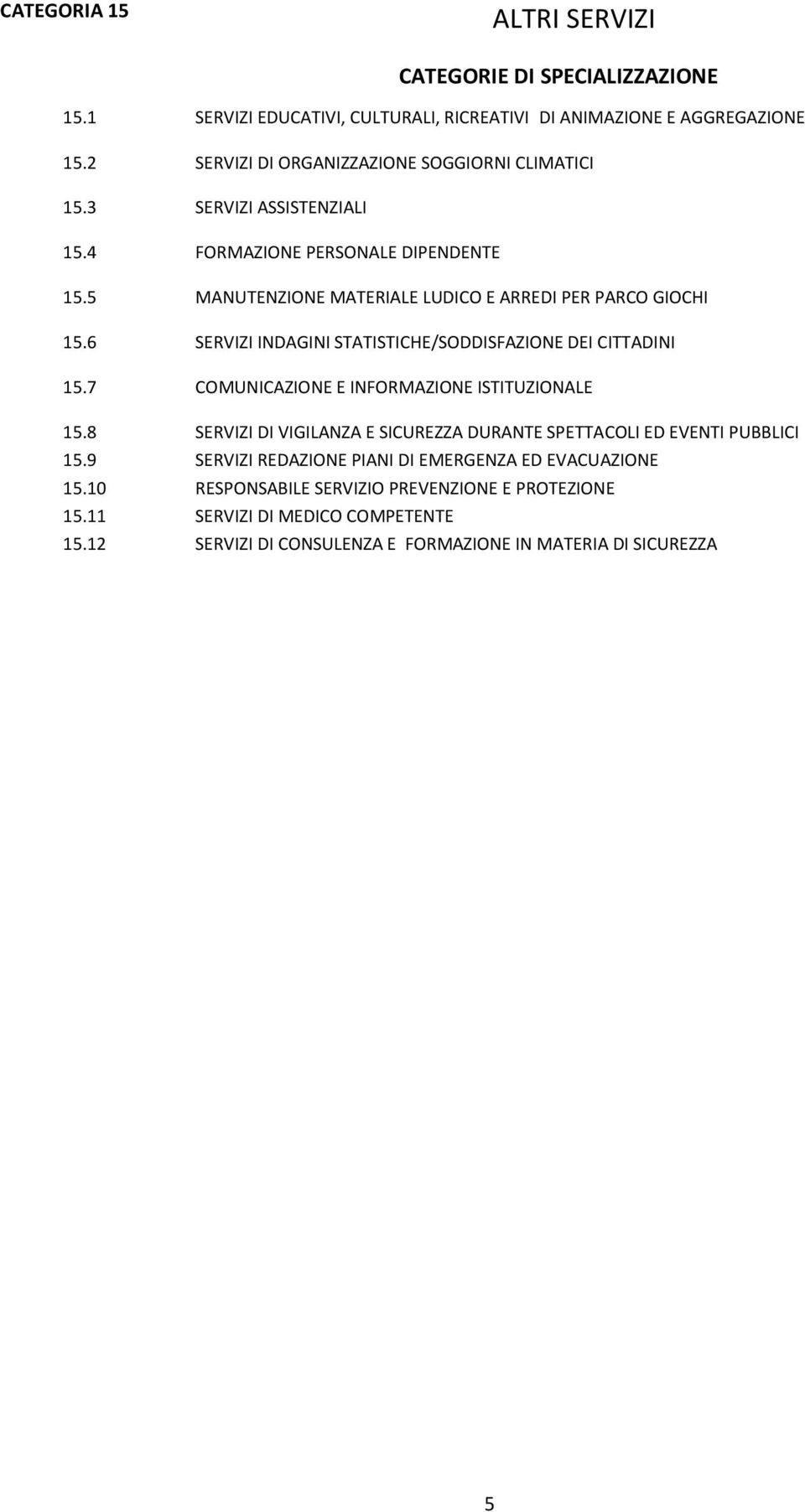 6 SERVIZI INDAGINI STATISTICHE/SODDISFAZIONE DEI CITTADINI 15.7 COMUNICAZIONE E INFORMAZIONE ISTITUZIONALE 15.