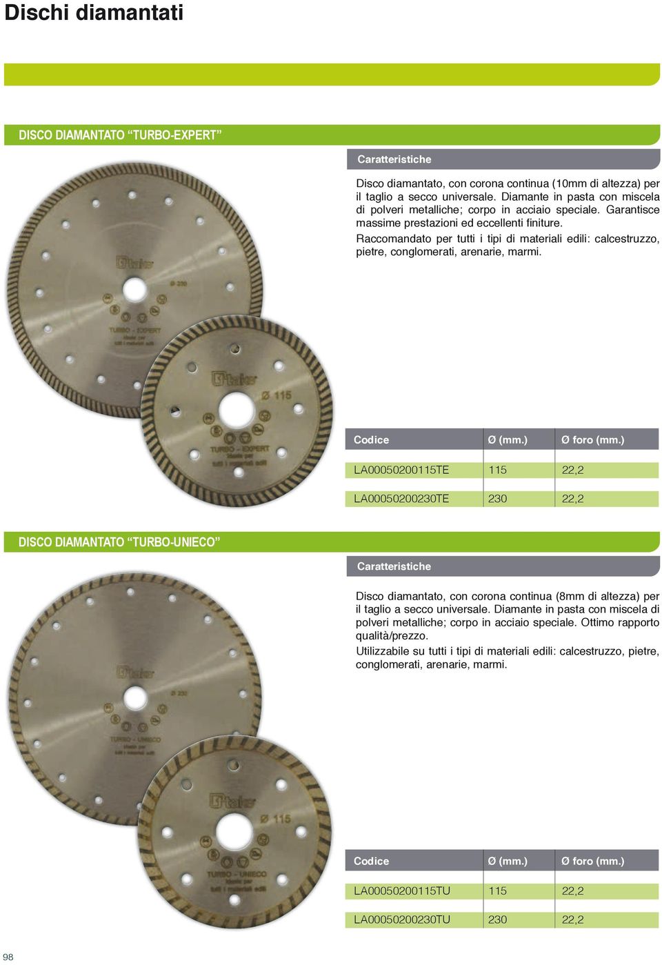 Raccomandato per tutti i tipi di materiali edili: calcestruzzo, pietre, conglomerati, arenarie, marmi.