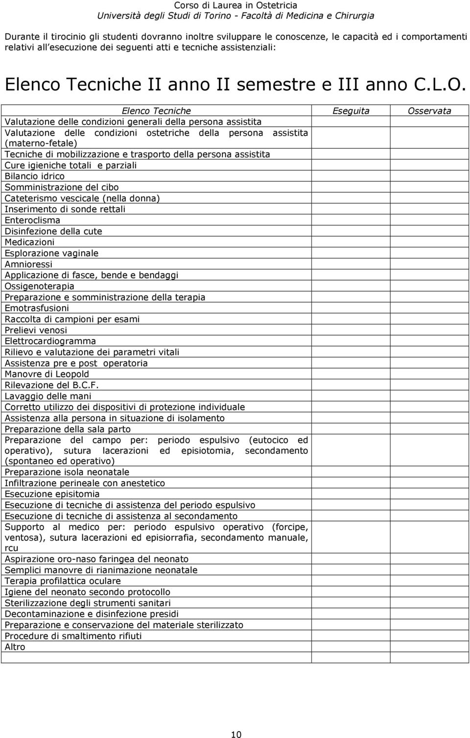 Elenco Tecniche Eseguita Osservata Valutazione delle condizioni generali della persona assistita Valutazione delle condizioni ostetriche della persona assistita (materno-fetale) Tecniche di