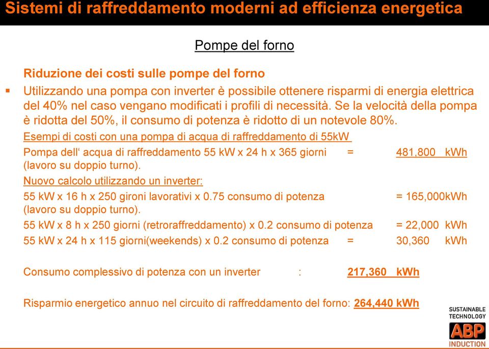 Esempi di costi con una pompa di acqua di raffreddamento di 55kW Pompa dell acqua di raffreddamento 55 kw x 24 h x 365 giorni = 481,800 kwh (lavoro su doppio turno).