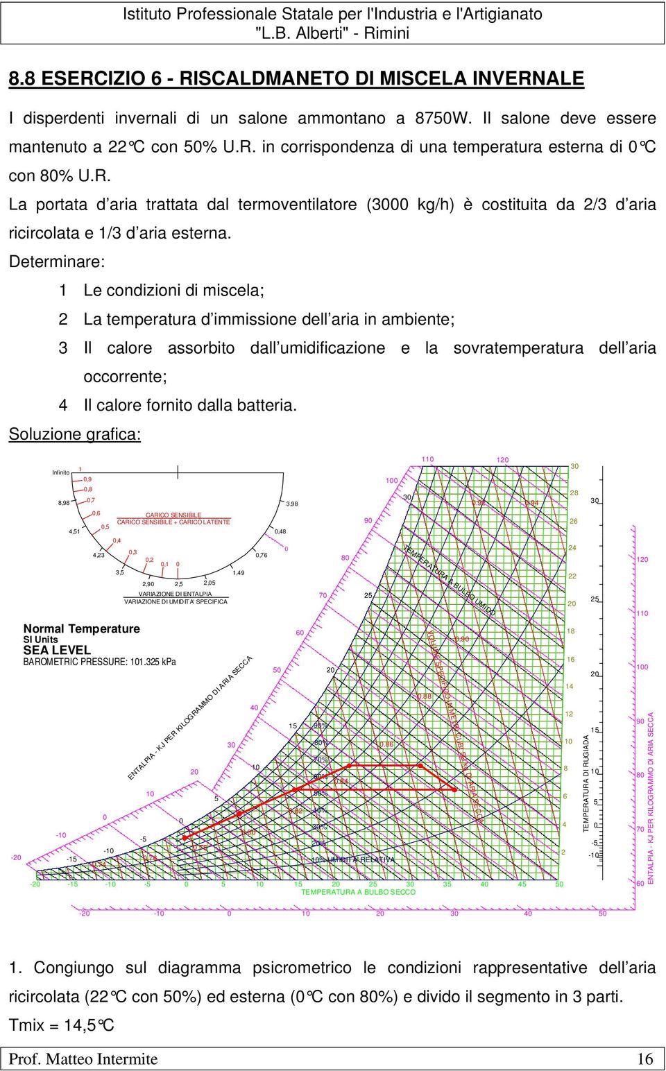 Determinare: 1 Le condizioni di miscela; La temperatura d immissione dell aria in ambiente; 3 Il calore assorbito dall umidificazione e la sovratemperatura dell aria occorrente; 4 Il calore fornito