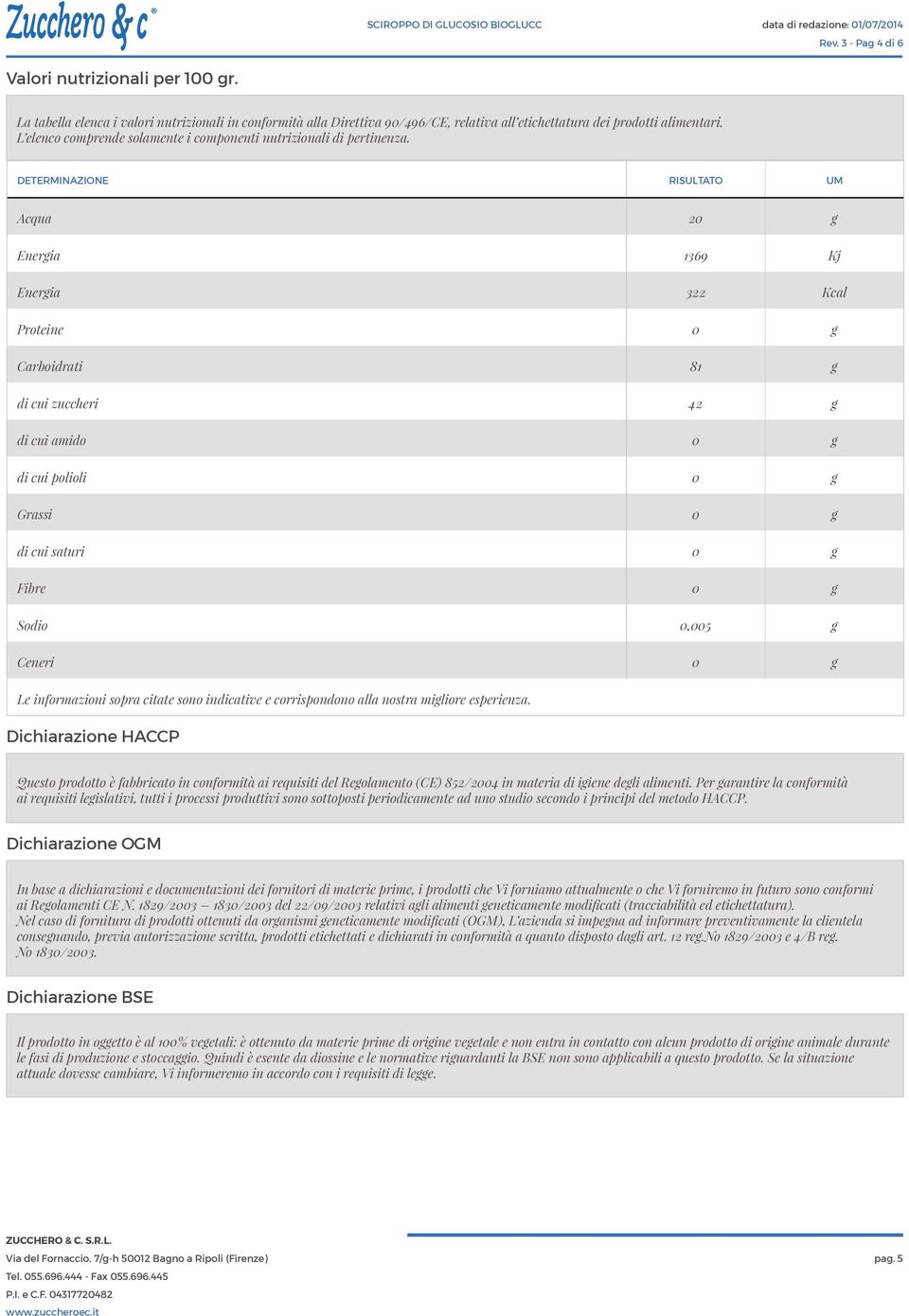 DETERMINAZIONE RISULTATO UM Acqua 20 g Energia 1369 Kj Energia 322 Kcal Proteine 0 g Carboidrati 81 g di cui zuccheri 42 g di cui amido 0 g di cui polioli 0 g Grassi 0 g di cui saturi 0 g Fibre 0 g