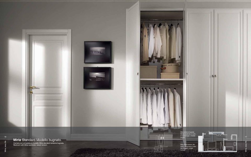 Bedroom with Miria wardrobe, raised version. Miria versione bugnata.