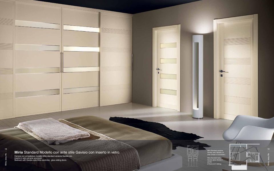 scorrevoli. Bedroom with Gavisio style Miria wardrobe, glass sliding doors.