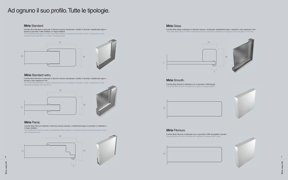 The profile Miria Standard is made of extruded aluminum (anodized, laminated coated, lacquered or wood veneered) and faced MDF or wooden composed panel. Miria Glass.