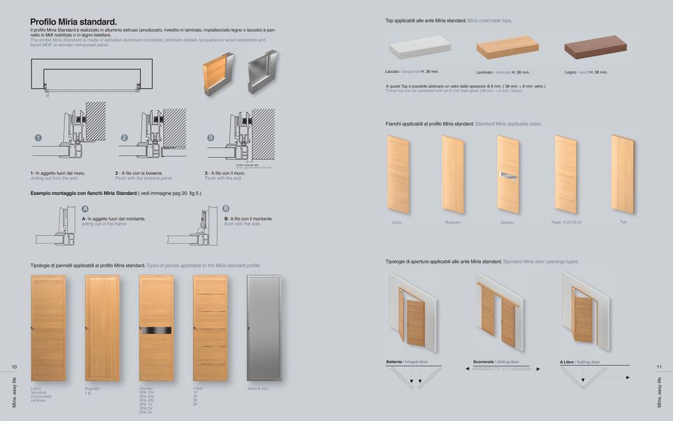 The profile Miria Standard is made of extruded aluminum (anodized, laminate coated, lacquered or wood veneered) and faced MDF or wooden composed panel. Top applicabili alle ante Miria standard.