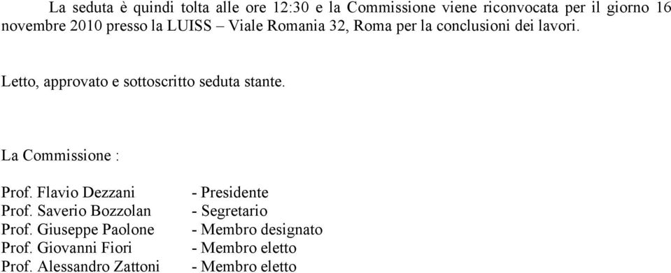 Letto, approvato e sottoscritto seduta stante. La Commissione : Prof. Flavio Dezzani Prof.